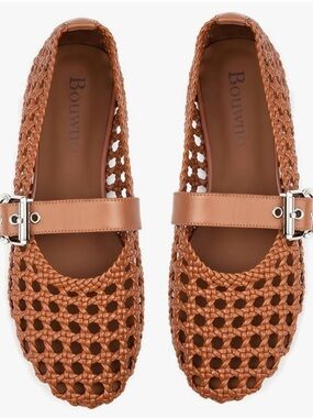 Woven Mary Jane Flats in Cognac Brown - Women